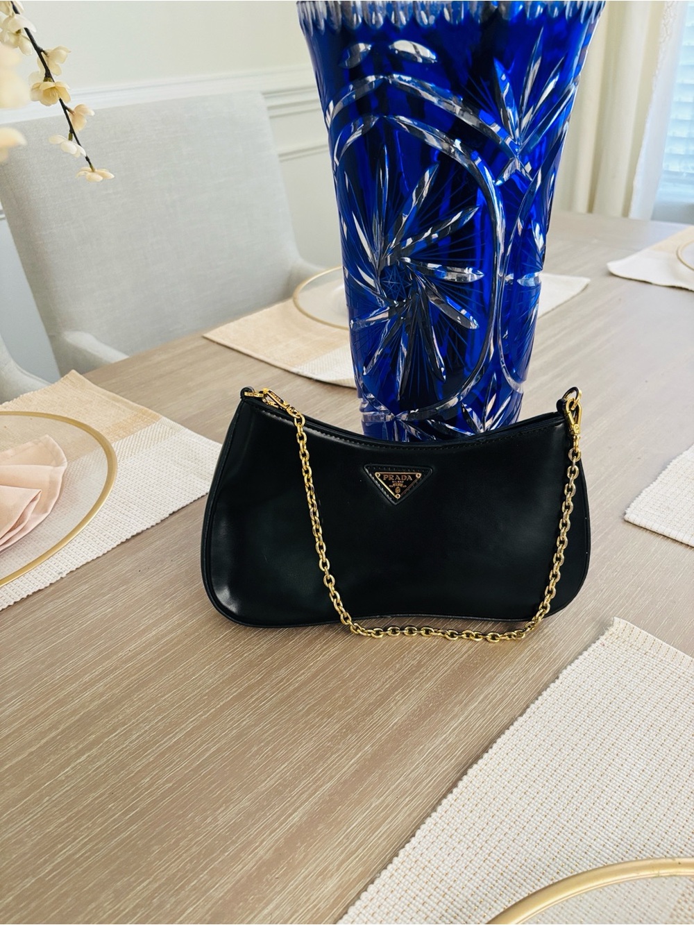 Prada Black Leather Mini Shoulder Bag with Gold Chain